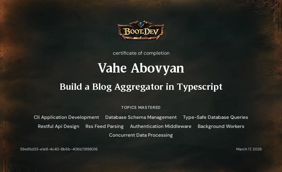 Vahe Abovyan's Boot.dev Build a Blog Aggregator in TypeScript certificate