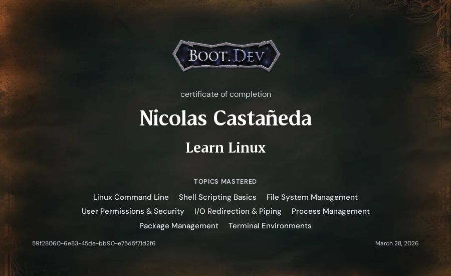 Nicolas Castañeda's Boot.dev Learn Linux certificate