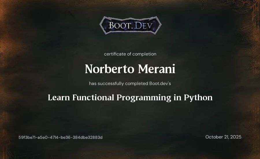 Norberto Merani's Boot.dev Learn Functional Programming in Python certificate