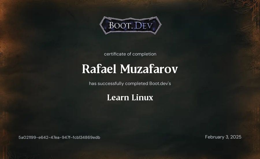 Rafael Muzafarov's Boot.dev Learn Linux certificate