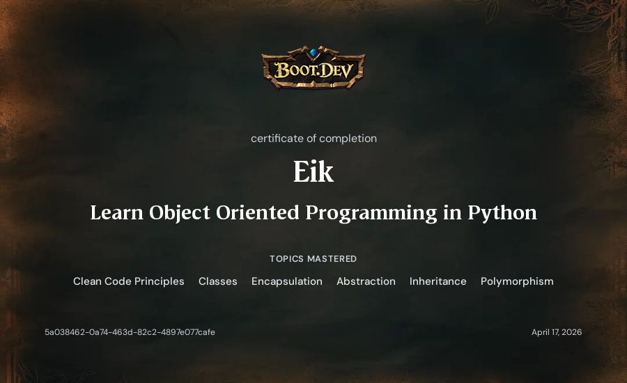 Eik's Boot.dev Learn Object Oriented Programming in Python certificate