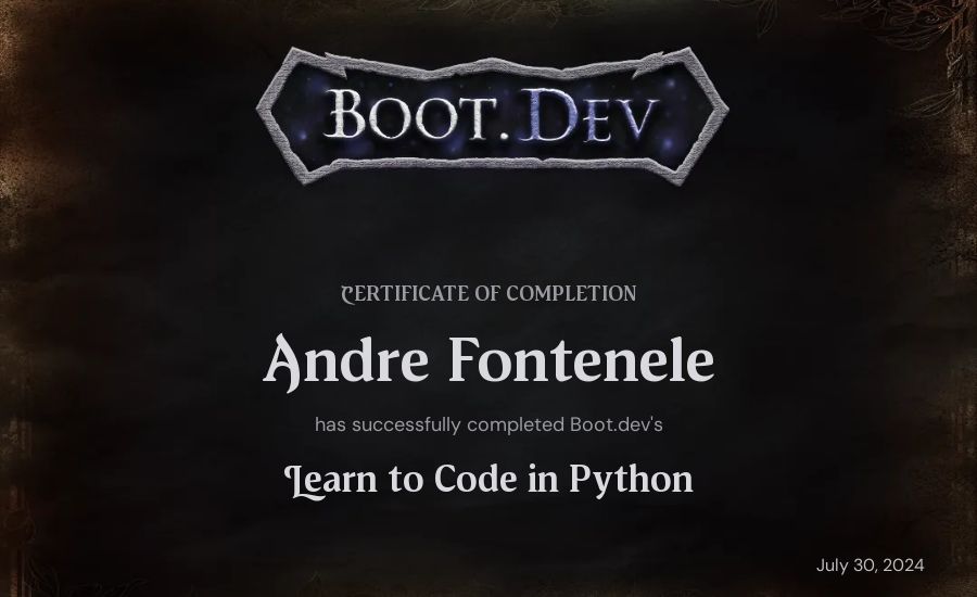 Andre Fontenele's Boot.dev Introduction to Python Course certificate