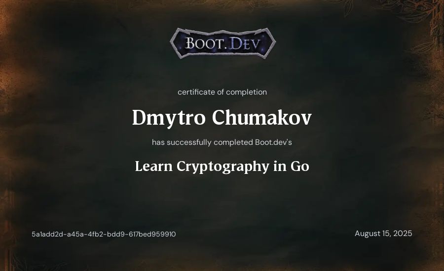 Dmytro Chumakov's Boot.dev Learn Cryptography in Go certificate