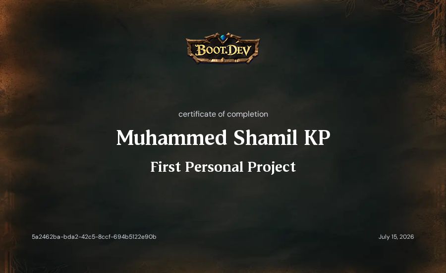 Muhammed Shamil KP's Boot.dev First Personal Project certificate