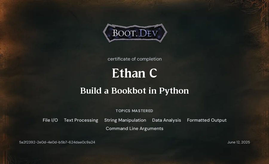 Ethan C's Boot.dev Build a BookBot in Python certificate