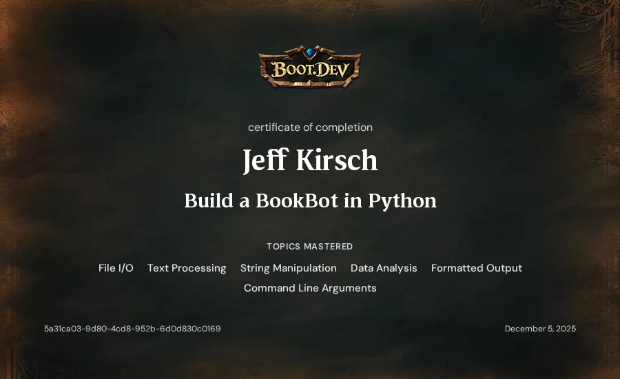 Jeff Kirsch's Boot.dev Build a BookBot in Python certificate
