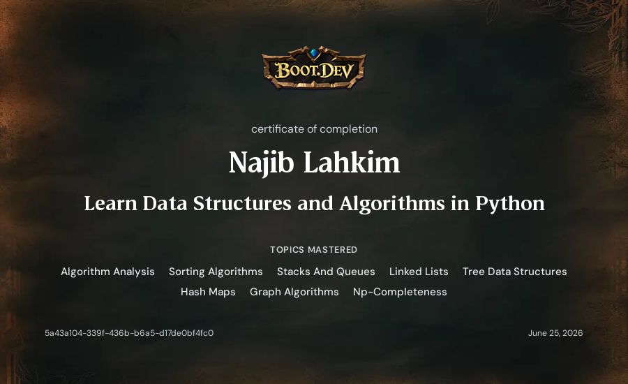 Najib Lahkim's Boot.dev Learn Data Structures and Algorithms in Python certificate