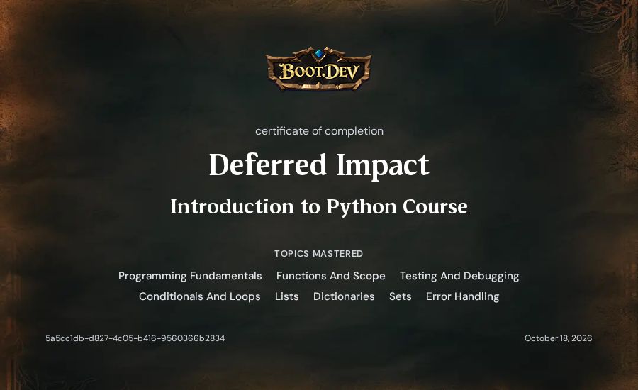 Deferred Impact's Boot.dev Introduction to Python Course certificate