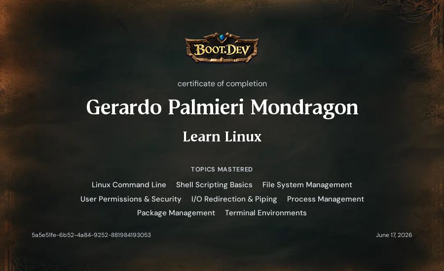 Gerardo Palmieri Mondragon's Boot.dev Learn Linux certificate