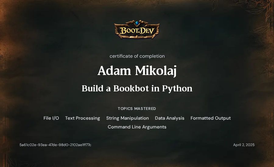 Adam Mikolaj's Boot.dev Build a BookBot in Python certificate