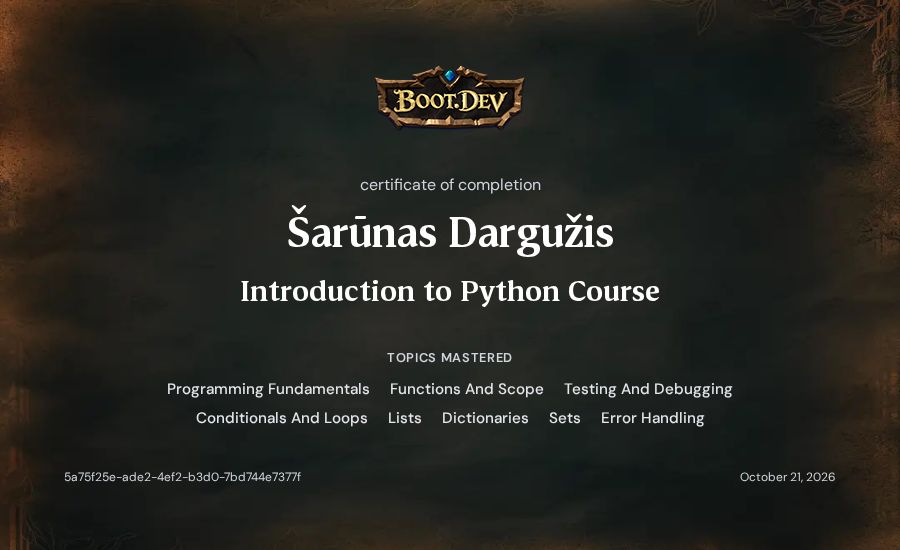 Šarūnas Dargužis's Boot.dev Introduction to Python Course certificate