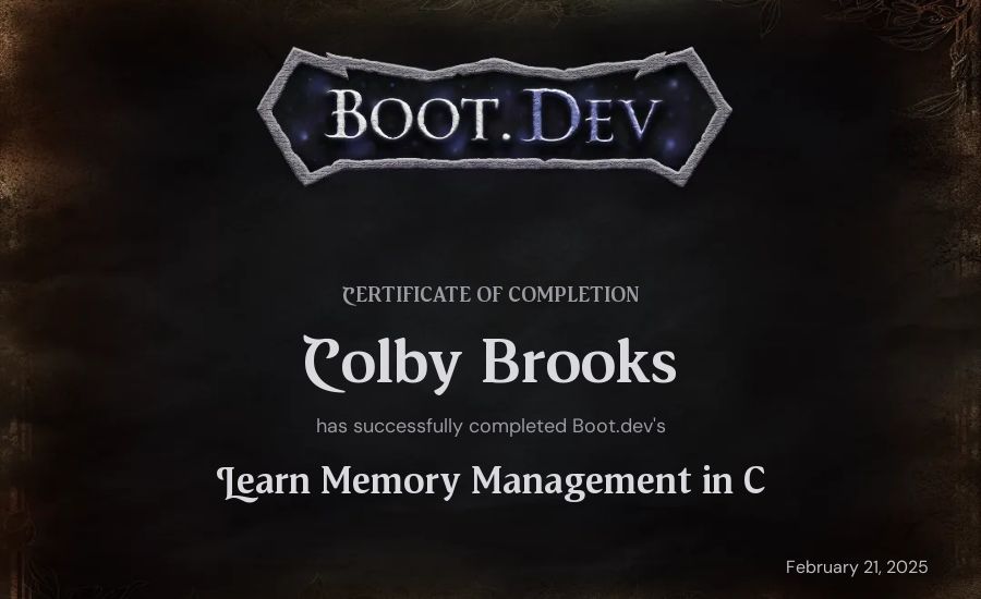 Colby Brooks's Boot.dev Learn Memory Management in C certificate