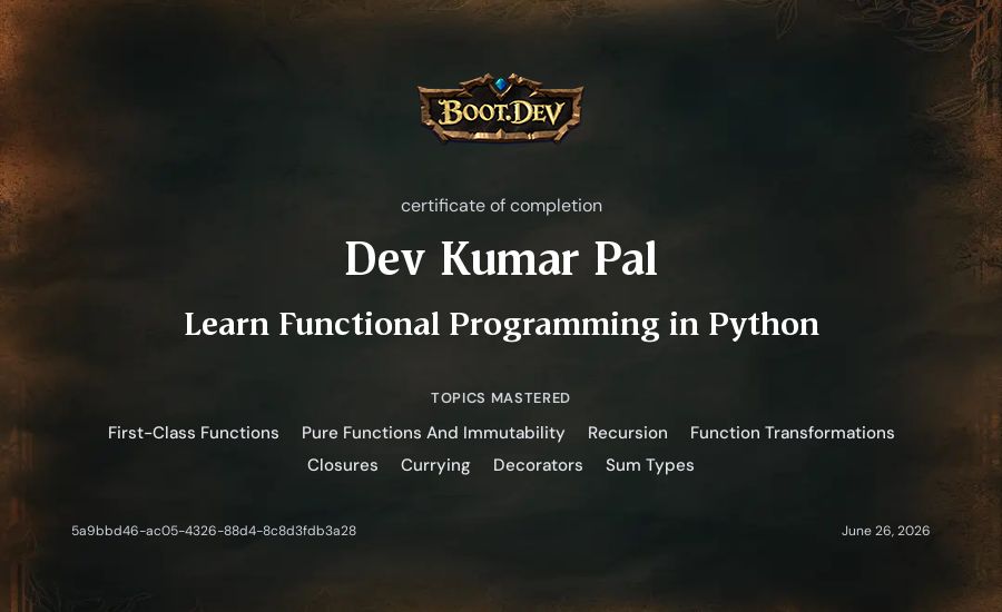 Dev Kumar Pal's Boot.dev Learn Functional Programming in Python certificate