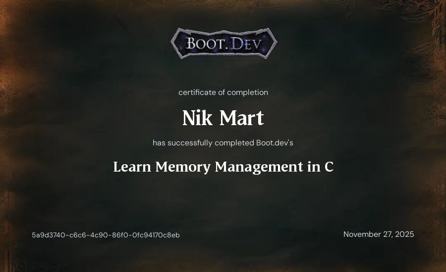 Nik Mart's Boot.dev Learn Memory Management in C certificate