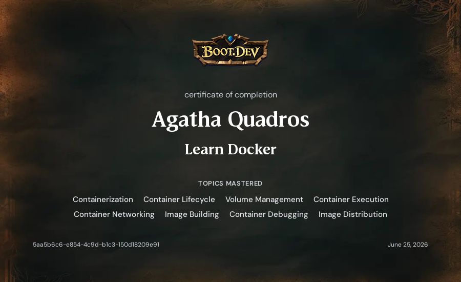 Agatha Quadros's Boot.dev Learn Docker certificate