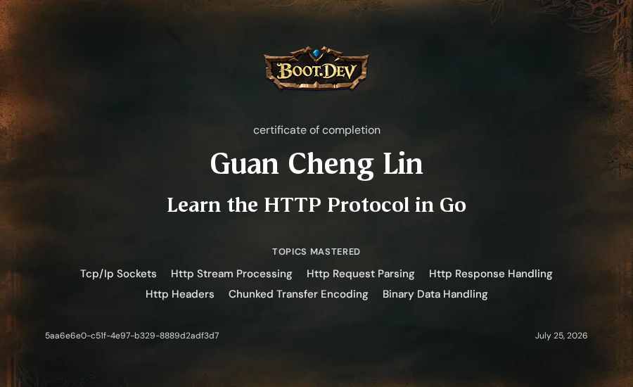 Guan Cheng Lin's Boot.dev Learn the HTTP Protocol in Go certificate