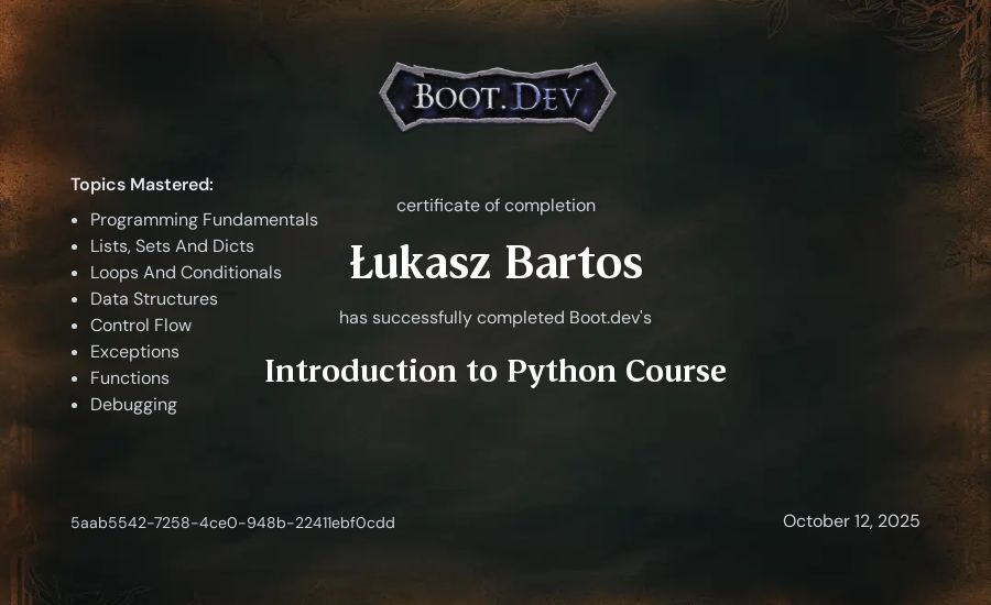 Łukasz Bartos's Boot.dev Introduction to Python Course certificate