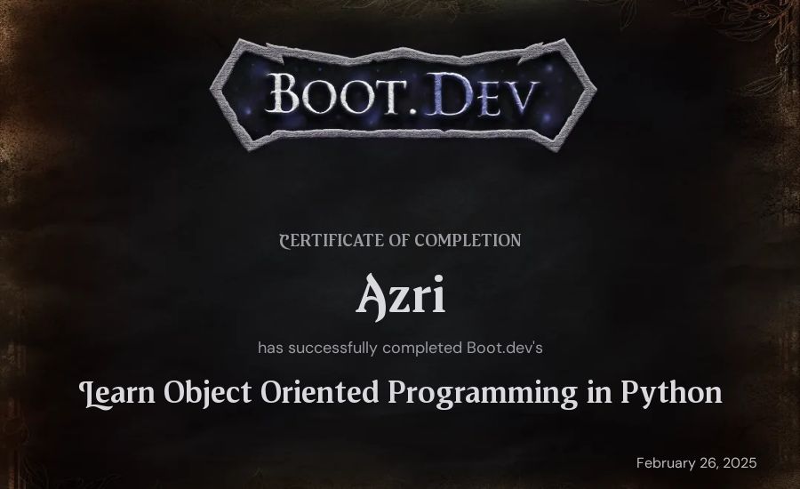 Azri's Boot.dev Learn Object Oriented Programming in Python certificate