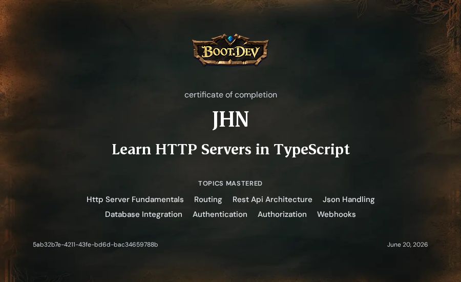 JHN's Boot.dev Learn HTTP Servers in TypeScript certificate