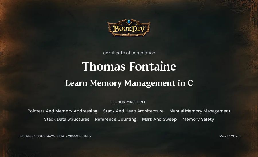 Thomas Fontaine's Boot.dev Learn Memory Management in C certificate
