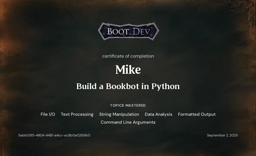 Mike's Boot.dev Build a BookBot in Python certificate