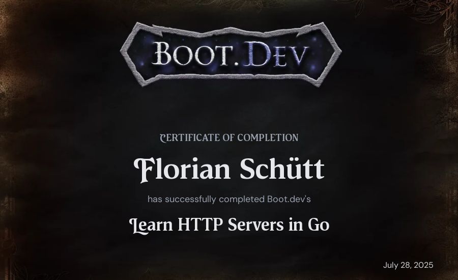 Florian Schütt's Boot.dev Learn HTTP Servers in Go certificate