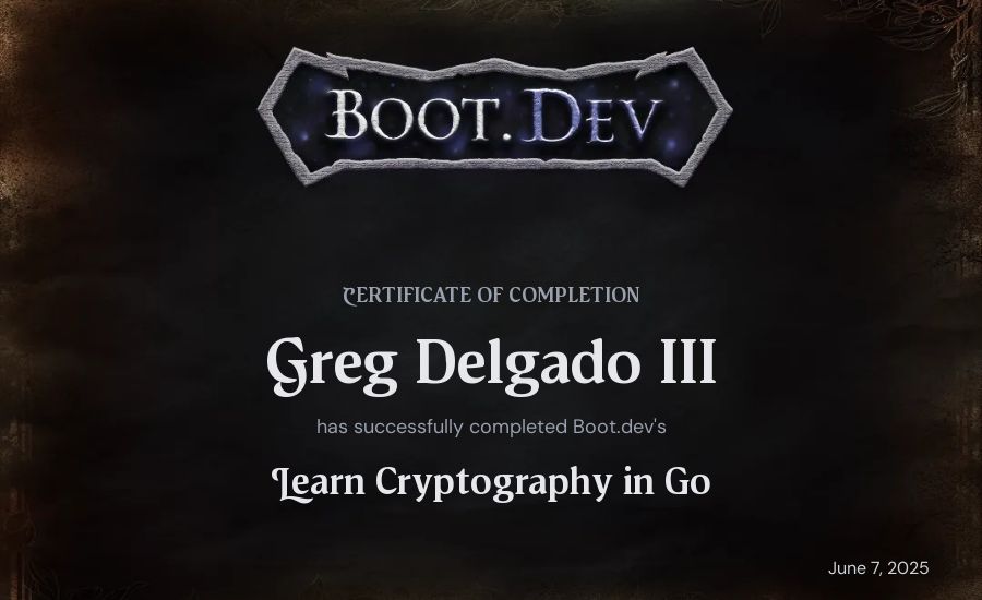 Greg Delgado III's Boot.dev Learn Cryptography in Go certificate