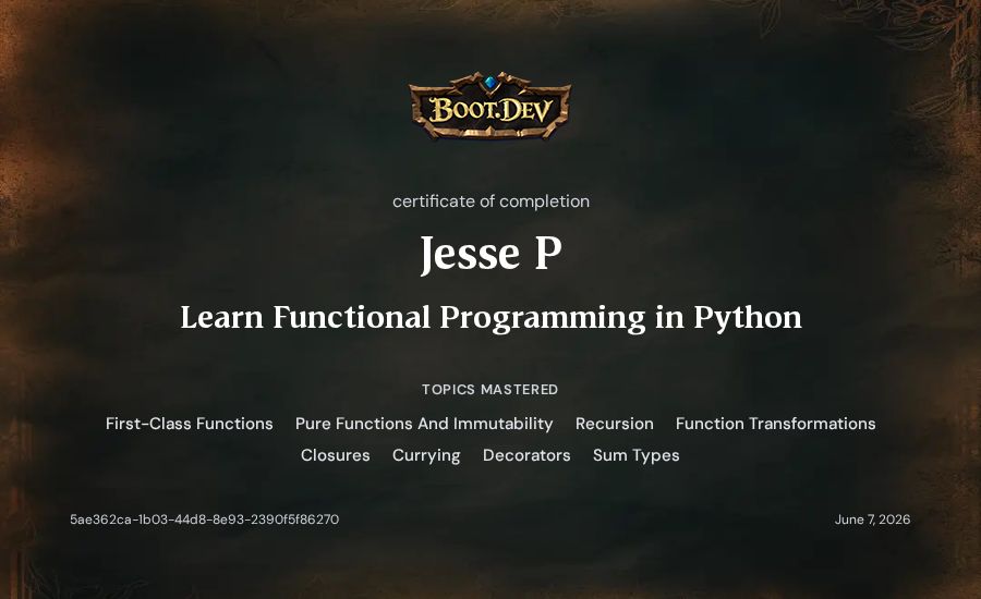 Jesse P's Boot.dev Learn Functional Programming in Python certificate