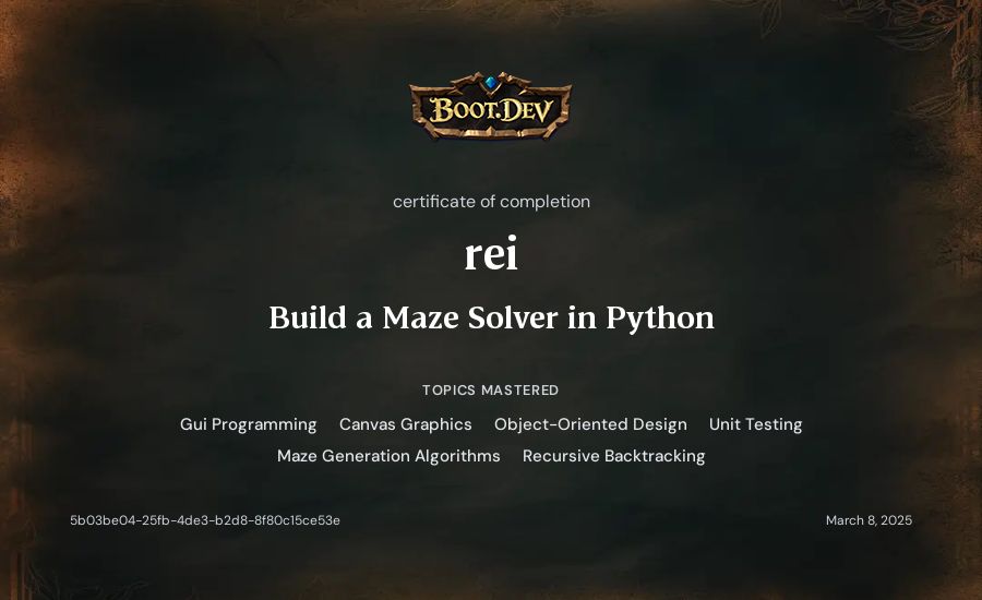 rei's Boot.dev Build a Maze Solver in Python certificate