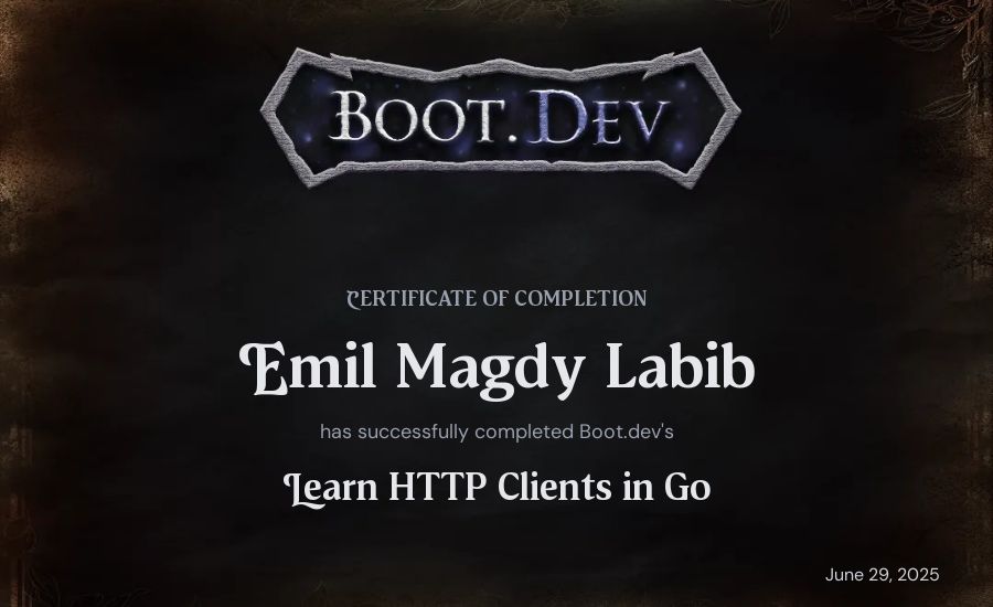 Emil Magdy Labib's Boot.dev Learn HTTP Clients in Go certificate