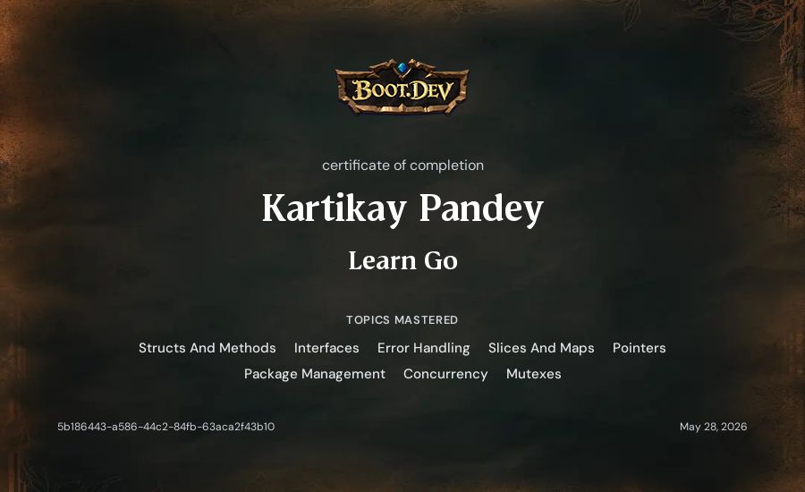 Kartikay Pandey's Boot.dev Learn Go certificate