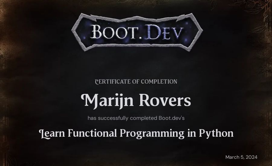 Marijn Rovers's Boot.dev Learn Functional Programming in Python certificate
