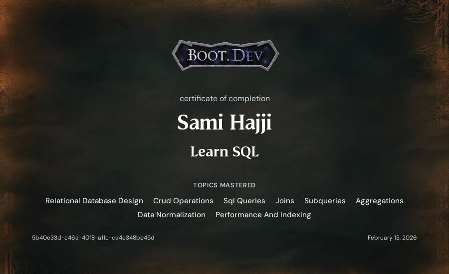Sami Hajji's Boot.dev Learn SQL certificate