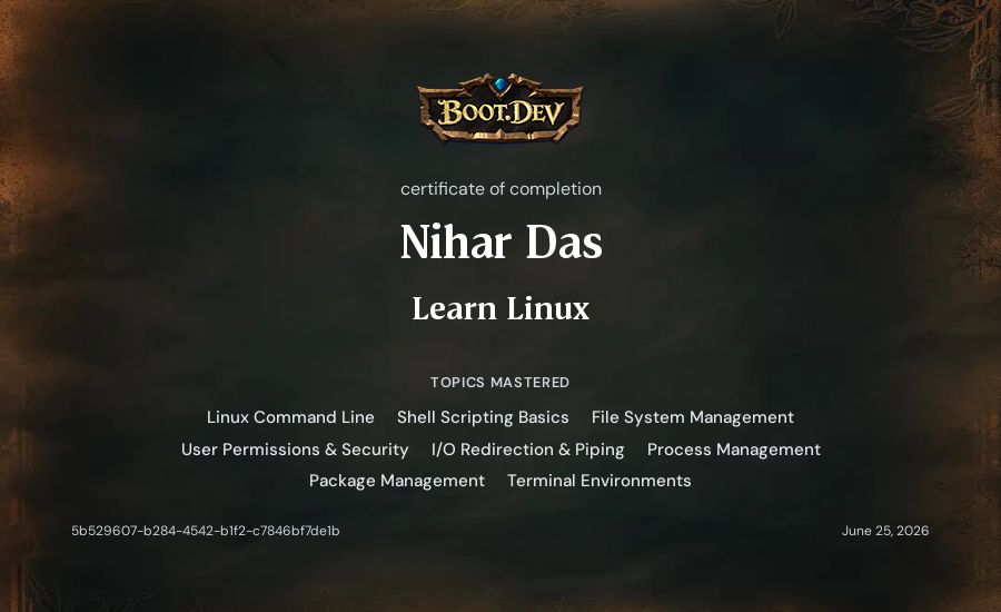 Nihar Das's Boot.dev Learn Linux certificate