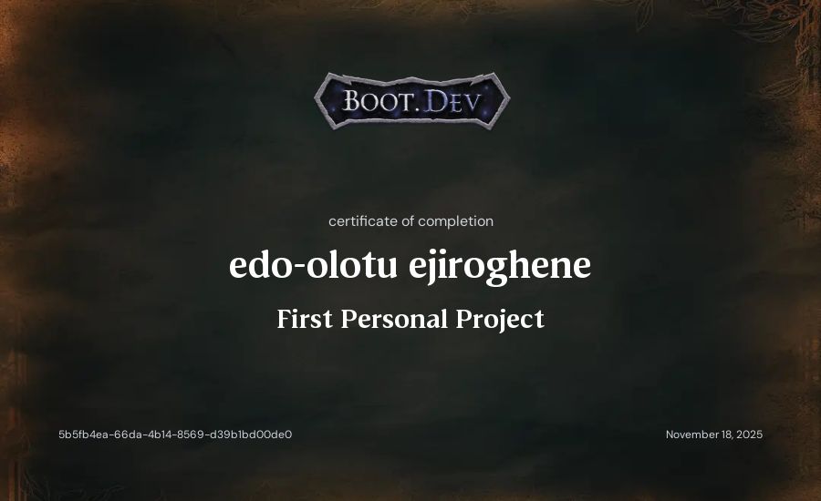 edo-olotu ejiroghene's Boot.dev First Personal Project certificate