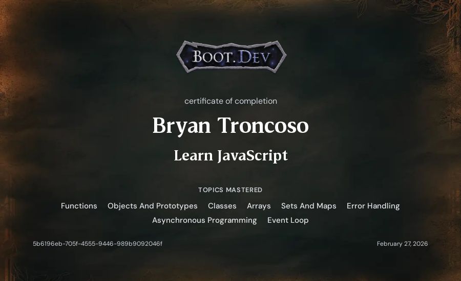 Bryan Troncoso's Boot.dev Learn JavaScript certificate
