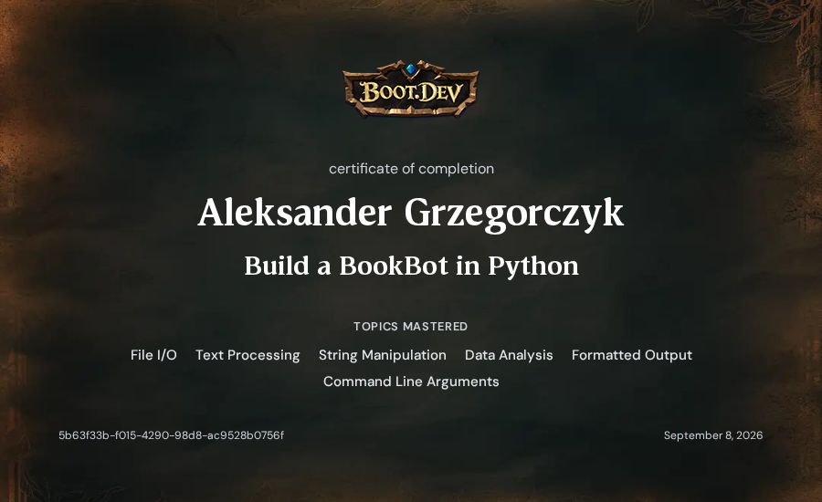 Aleksander Grzegorczyk's Boot.dev Build a BookBot in Python certificate