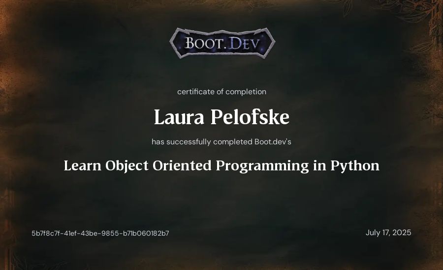Laura Pelofske's Boot.dev Learn Object Oriented Programming in Python certificate