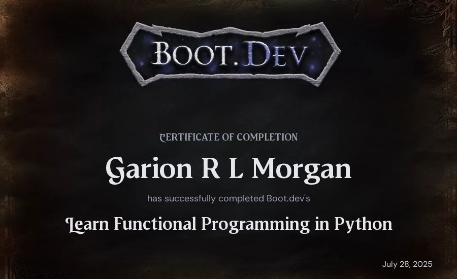 Garion R L Morgan's Boot.dev Learn Functional Programming in Python certificate