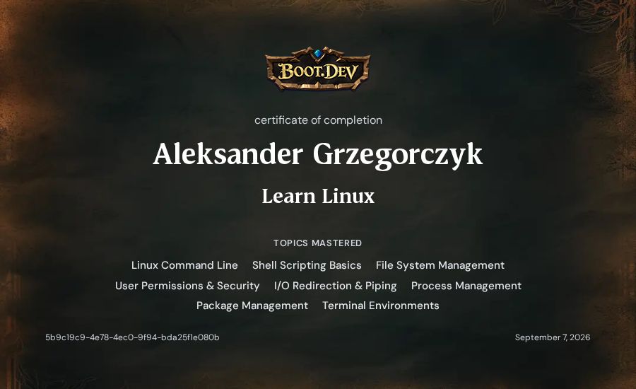 Aleksander Grzegorczyk's Boot.dev Learn Linux certificate