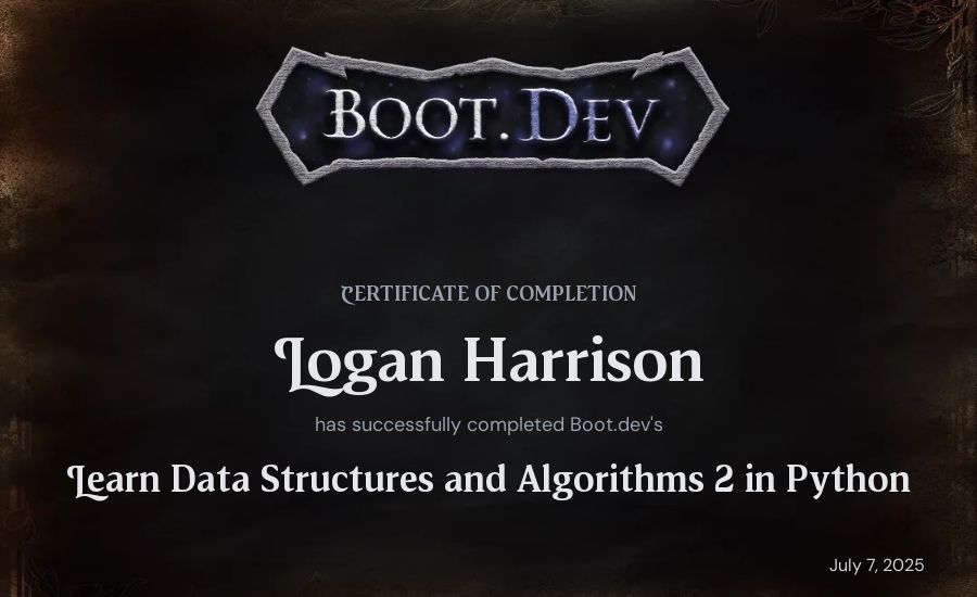 Logan Harrison's Boot.dev Learn Data Structures and Algorithms 2 in Python certificate