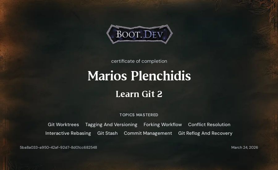 Marios Plenchidis's Boot.dev Learn Git 2 certificate