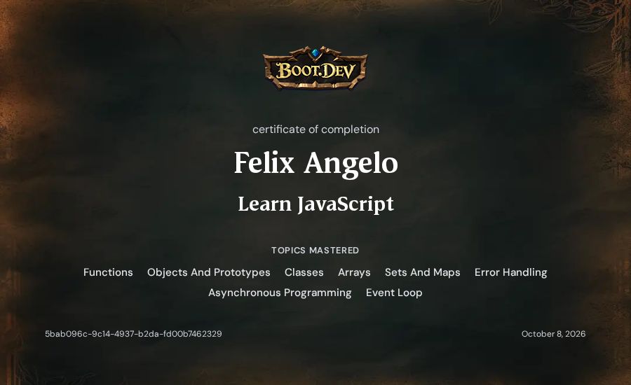 Felix Angelo's Boot.dev Learn JavaScript certificate
