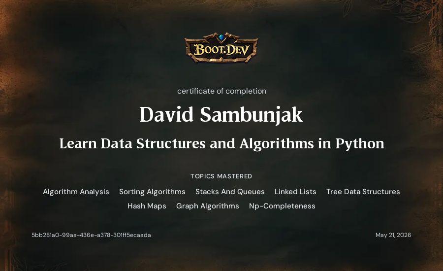 David Sambunjak's Boot.dev Learn Data Structures and Algorithms in Python certificate