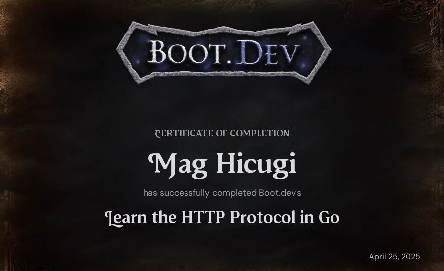 Mag Hicugi's Boot.dev Learn the HTTP Protocol in Go certificate