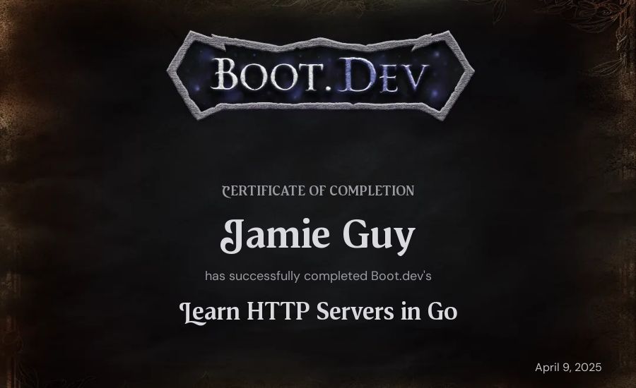 Jamie Guy's Boot.dev Learn HTTP Servers in Go certificate