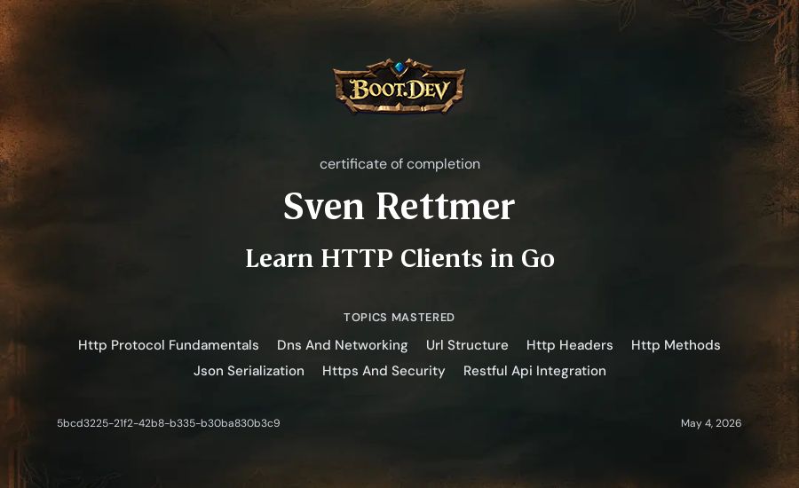 Sven Rettmer's Boot.dev Learn HTTP Clients in Go certificate