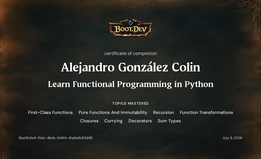 Alejandro González Colin's Boot.dev Learn Functional Programming in Python certificate