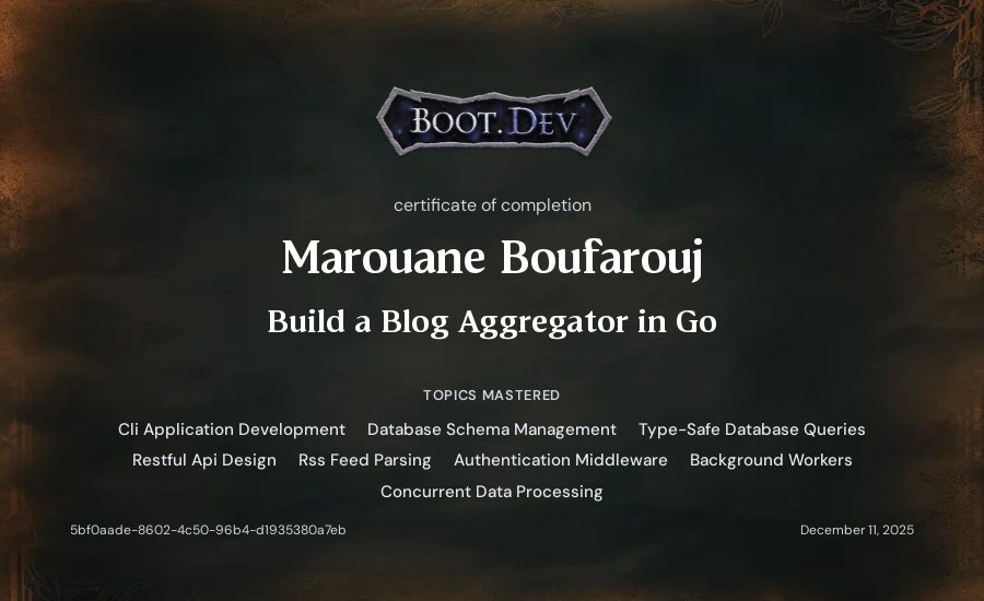 Marouane Boufarouj's Boot.dev Build a Blog Aggregator in Go certificate