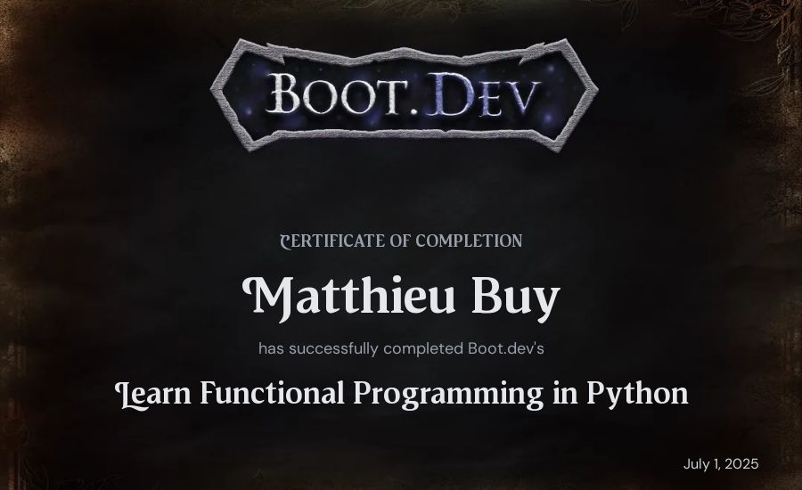 Matthieu Buy's Boot.dev Learn Functional Programming in Python certificate